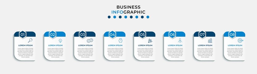 Vector Infographic design illustration business template with icons and 8 options or steps. Can be used for process diagram, presentations, workflow layout, banner, flow chart, info graph