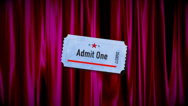 Animated theater ticket on red satin curtain