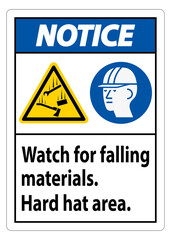 Notice Sign Watch For Falling Materials, Hard Hat Area