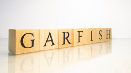 The word garfish was created from wooden letter cubes. Seafood and food.