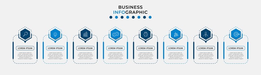 Vector Infographic design illustration business template with icons and 8 options or steps. Can be used for process diagram, presentations, workflow layout, banner, flow chart, info graph