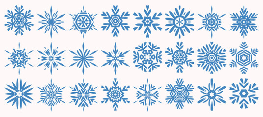 Isolated ornate blue and white unique snowflakes set.