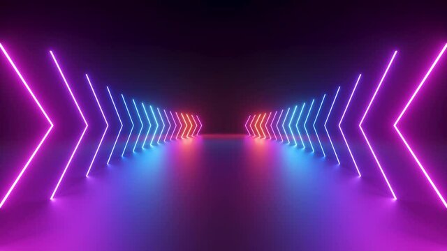 3d cycled animation, abstract pink red blue neon background with glowing gradient arrows, showing forward direction. Empty stage