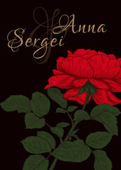 Floral card with red roses on dark background.