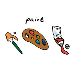 絵具や筆、パレットのイラストセット