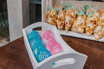 Gender reveal party decoration snacks selective focus