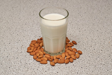 Glass cup with almond milk on table, almonds around. Vegan food concept.