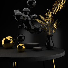 3D render. Black and gold stylish composition