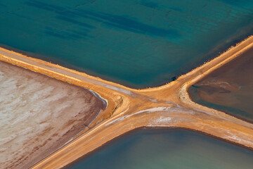 Aerial photography, Useless Loop, Shark Bay, Western Australia, June 2021, abstract images of salt ponds from above in varying colors of blue, green, and brown hues.