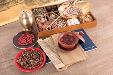 Pill box and medical books full of Chinese medicine