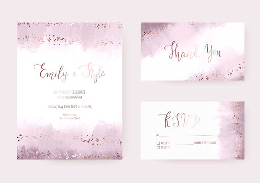 Wedding lilac watercolor invitation design, thank you and rsvp cards with rose gold border confetti texture.