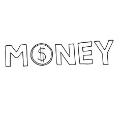 Hand draw illustration Money. Doodle clipart .Outline dollar.Financial, deposit.Writing money,lettering