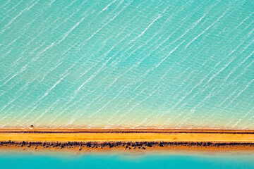Aerial photography, Useless Loop, Shark Bay, Western Australia, June 2021, abstract images of salt ponds from above in varying colors of blue, green, and brown hues. - obrazy, fototapety, plakaty