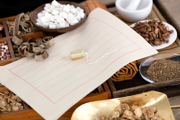 Fototapeta na wymiar Different kinds of Chinese medicines and blank prescriptions to be prescribed