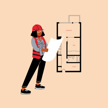 architect holding floor plan at construction site. woman engineer with apartment layout in building zone