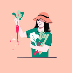 Gardening person holding fresh root vegetables harvest. farmer woman with fresh produce from vegetable garden and field