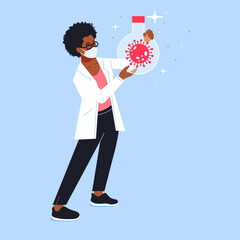 virologist with face mask holding isolated virus in lab flask