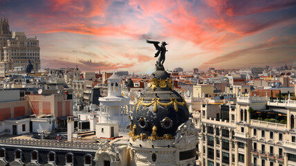 Panorama of Gran Vía in Madrid - urban landscape with city buildings for a touristic postcard or a wallpaper