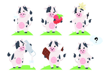 Cute cow in various situation. Milk flavors. Mascot concept