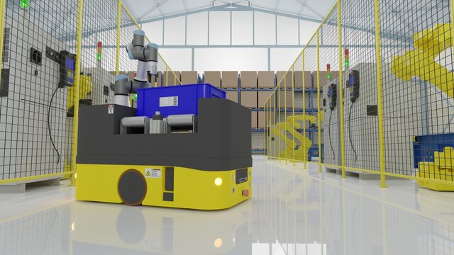 Factory 4.0 concept: The AGV (Automated guided vehicle) with universal robot is carrying parts in smart factory. 3D illustration