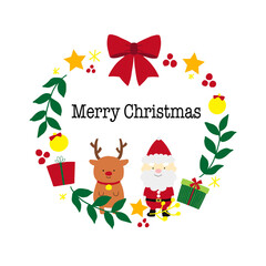 サンタとトナカイのクリスマスリースフレームデザイン