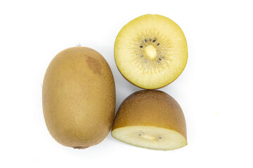 Kiwi fruit and kiwi fruit cut in half, top corner image isolated on white background.;