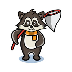 cartoon animal cute raccoon holding a fishing road