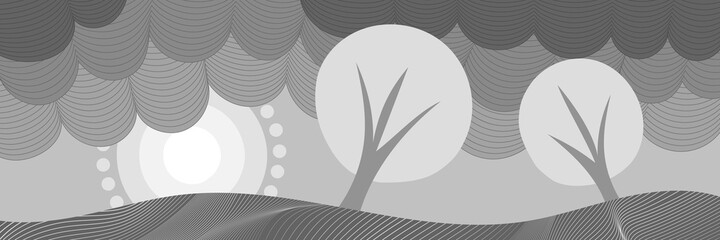 Abstract landscape stylization, vector banner, shades of gray