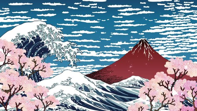 桜吹雪と波と富士山