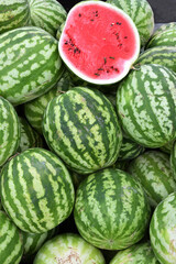 Ripe watermelons of the new harvest are sold in the bazaar 