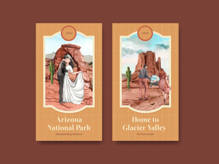 Instagram template with national parks of the United States concept,watercolor style