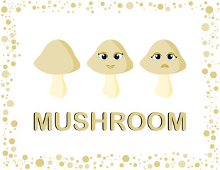 Attractive vegetable of vector card of mushroom emoji set. This mushroom card can use for learning purpose. There is a name with Happy and sad facial expressions. 