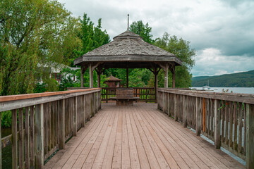 Kiosk in north hatley in the middle of the lake in a cloudy day.