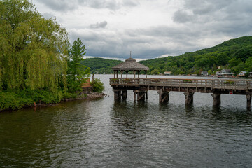 Kiosk in north hatley in the middle of the lake in a cloudy day.