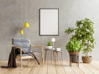 Poster mockup with vertical frame on empty dark concrete wall in living room interior with armchair.