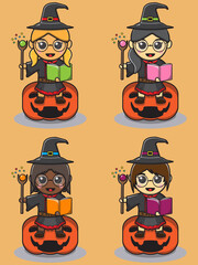 Vector illustration of Cute girls in witch costume read magic book above Pumpkin. Halloween witch collection. Collection of different cute beautiful witches.