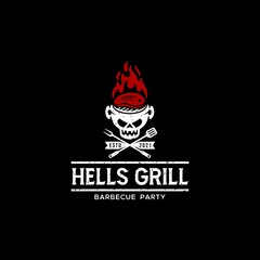 Hells grill skull barbecue party vintage logo premium vector