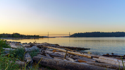 Lionsgate Bridge, Vancouver, BC, viewed from natural  driftwood log beach at Ambleside at dawn mid-Summer