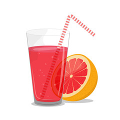 Grapefruit juice in glass with straw isolated on white background. Vector flat illustration.