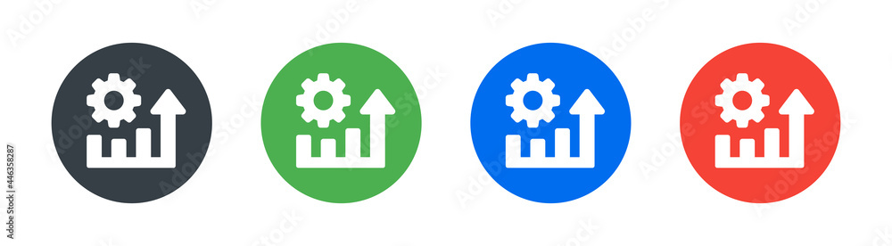 Poster productivity icon set on circle button. containing growing graph with gear icon.