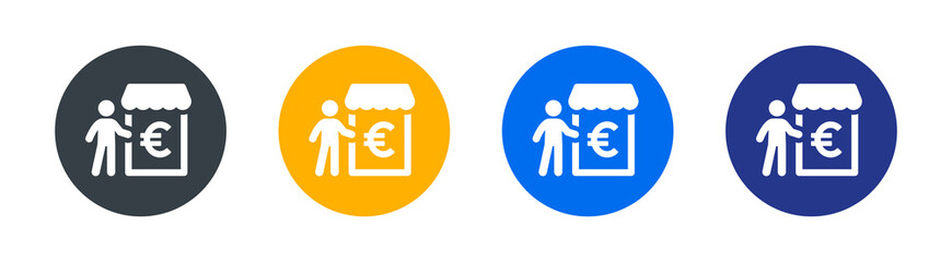 Euro bank icon. Containing person standing, store with euro currency symbol. Market and shop concept