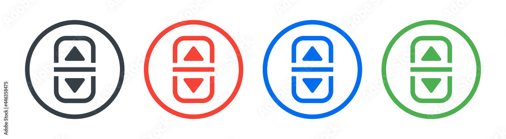 Poster up and down elevator button icon set.