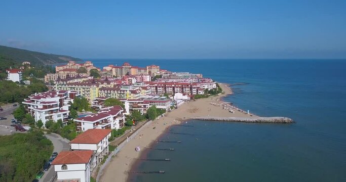 Dron aerial video of the Black Sea beach in Elenite. Popular summer resort in Bulgaria