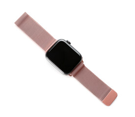 Modern stylish smart watch isolated on white, top view