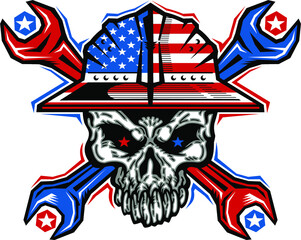 patriotic oilfield roughneck skull logo with hard hat and crossed wrenches