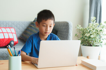 Asian boy learning online via internet with a tutor on laptop computer - 446360027