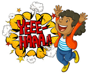 YEEE-HAAA word on bomb explosion with a boy cartoon character isolated