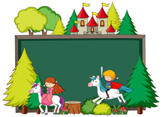 Empty chalkboard banner with fairy tale cartoon character and elements isolated