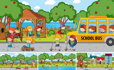 Outdoor scene set with many kids doodle cartoon character