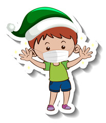 A sticker template with a boy wearing mask in Christmas theme